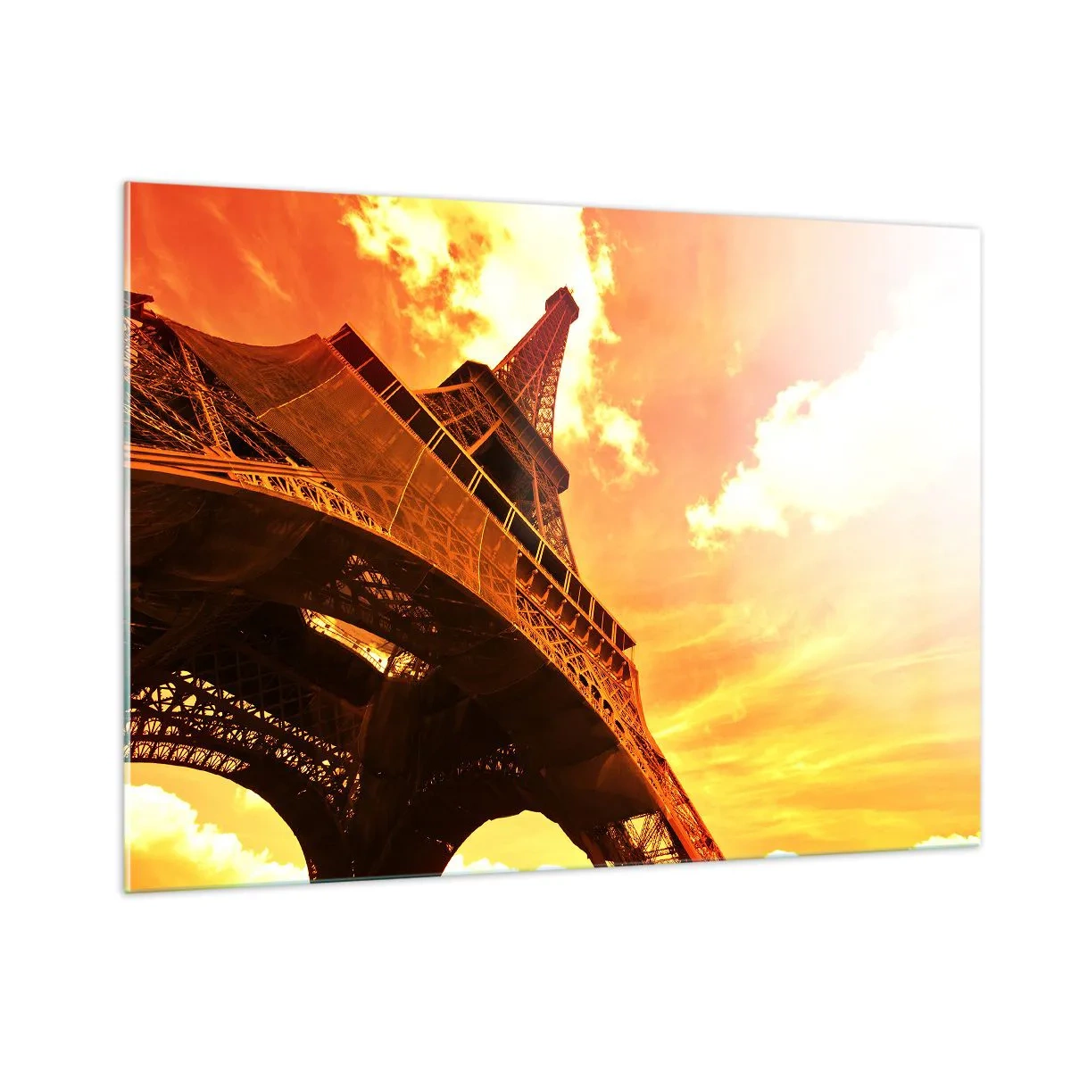 Cuadro sobre vidrio - Impresiones sobre Vidrio - La Torre Eiffel en cálidos tonos naranjas al atardecer - 100x70cm - Monumental, dorado por el sol - Decoración de pared moderna para salón y dormitorio ARTTOR