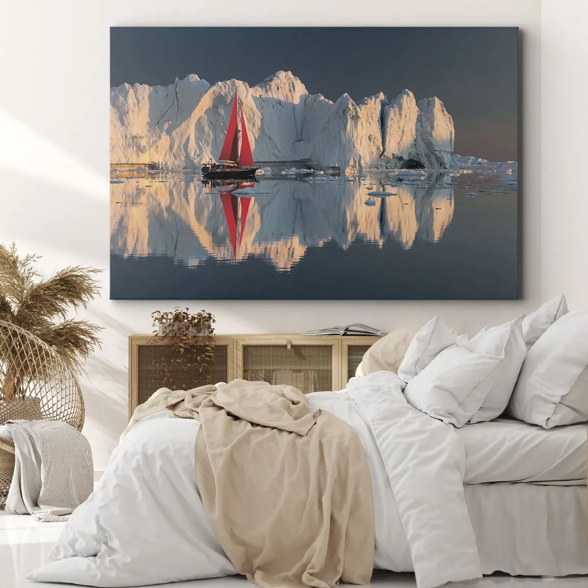 Cuadro sobre lienzo - Impresión de Imagen - Un velero con una vela roja con el fondo de un glaciar. - 100x70cm - En el límite del mundo - Decoración de pared moderna para salón y dormitorio ARTTOR