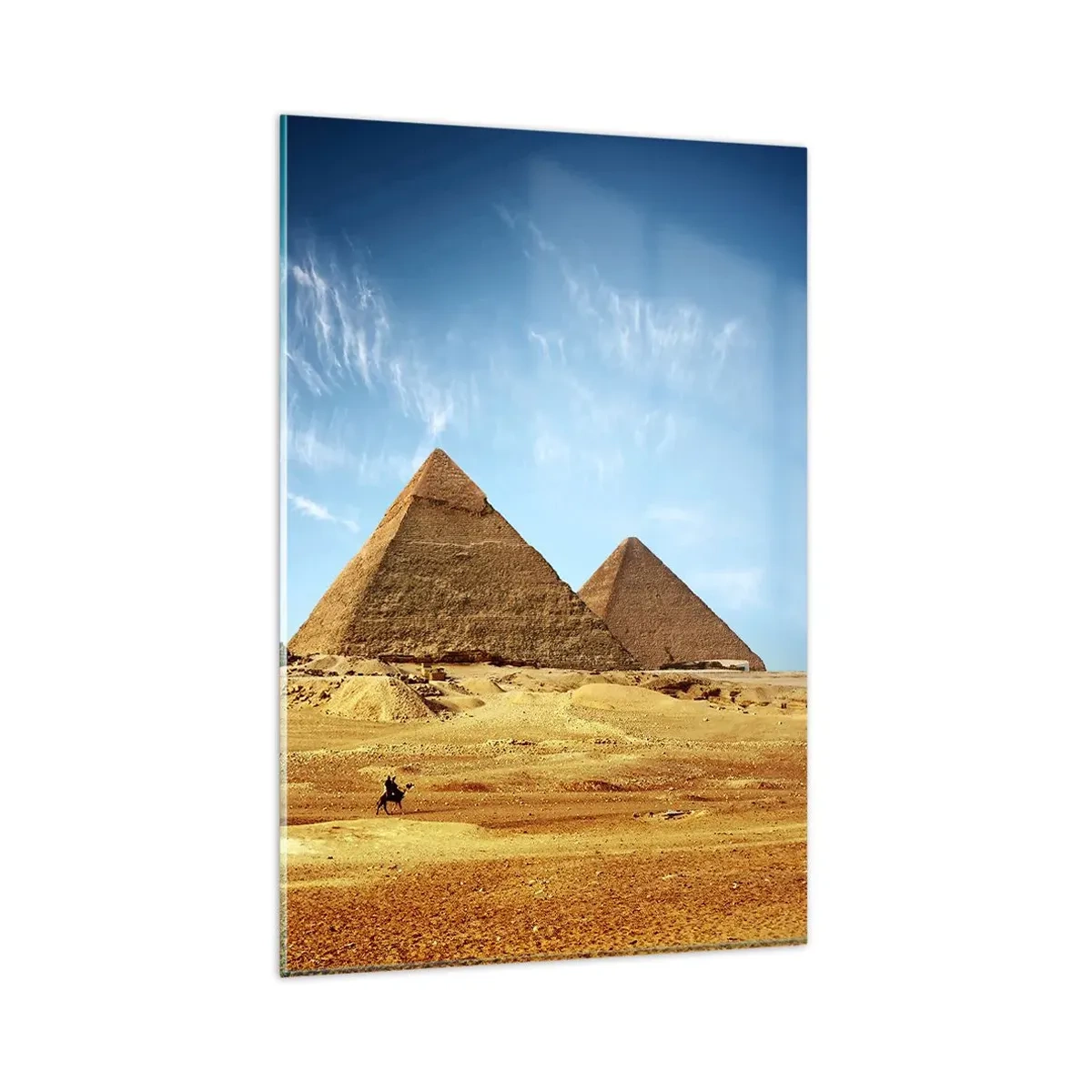 Cuadro sobre vidrio - Impresiones sobre Vidrio - Las pirámides de Giza contra un cielo azul y un paisaje desértico. - 80x120cm - 40 siglos te observan - Decoración de pared moderna para salón y dormitorio ARTTOR