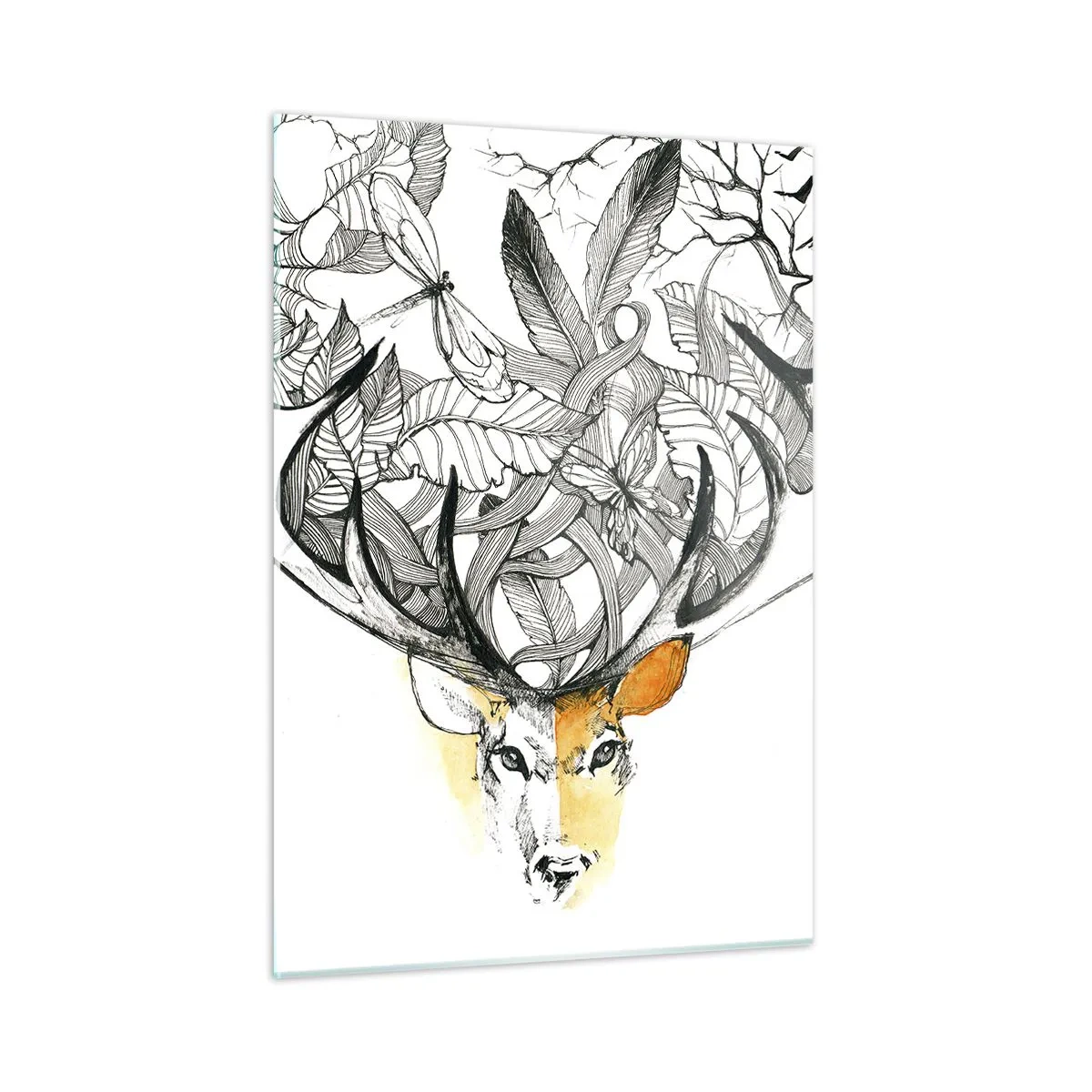 Cuadro sobre vidrio - Impresiones sobre Vidrio - Dibujo de un ciervo con astas elegantes - 50x70cm - Cuernos de la abundancia - Decoración de pared moderna para salón y dormitorio ARTTOR