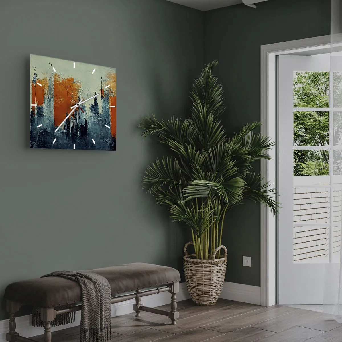 Reloj de pared - Reloj de vidrio - Paisaje urbano abstracto en tonos naranja y azul. - 30x30cm - Paisaje moderno - Decoración de pared moderna para salón y dormitorio ARTTOR