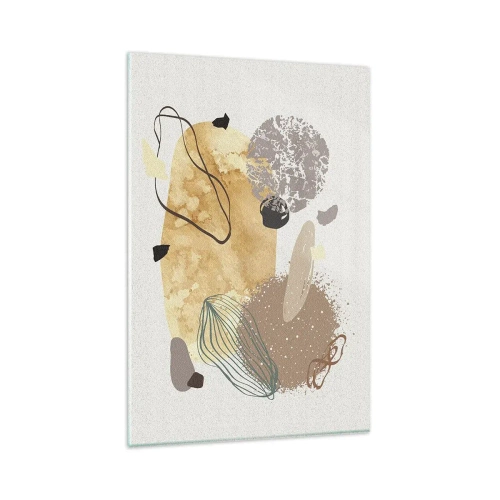 Cuadro sobre vidrio - Impresiones sobre Vidrio - Una composición de formas abstractas en beige y amarillo. - 80x120cm - Plumología aplicada - Decoración de pared moderna para salón y dormitorio ARTTOR