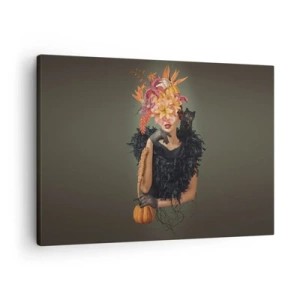Cuadro sobre lienzo - Impresión de Imagen - Retrato de una mujer con motivos otoñales y un gato. - 70x50cm - Hechizo de bruja - Decoración de pared moderna para salón y dormitorio ARTTOR