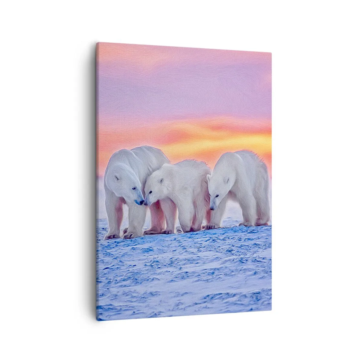 Cuadro sobre lienzo - Impresión de Imagen - Tres osos polares con el telón de fondo de una puesta de sol ártica. - 50x70cm - Todo lo que necesitas es el calor de la familia - Decoración de pared moderna para salón y dormitorio ARTTOR