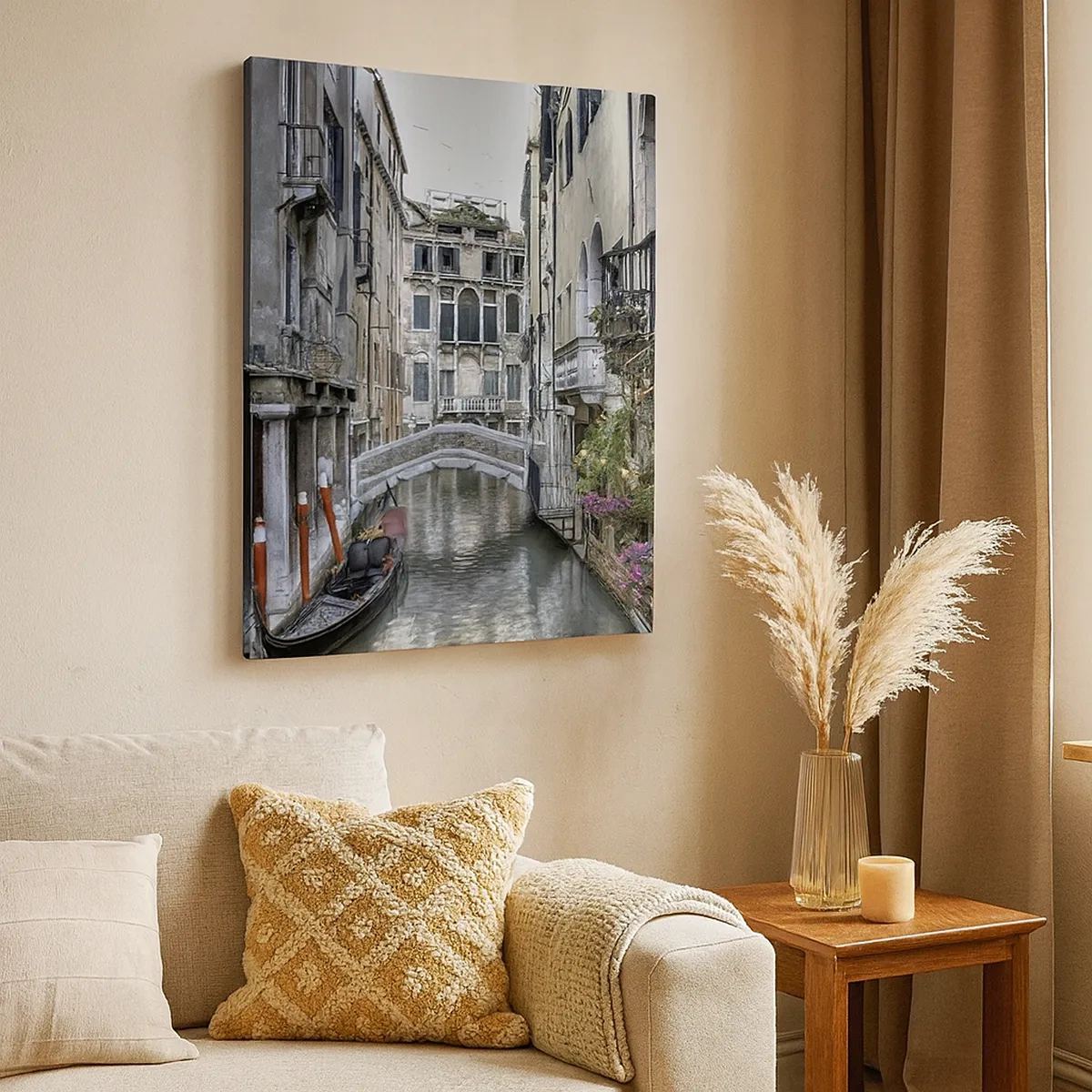 Cuadro sobre lienzo - Impresión de Imagen - Canal veneciano con góndola y puente de piedra - 50x70cm - Durante siglos, un sueño - Decoración de pared moderna para salón y dormitorio ARTTOR