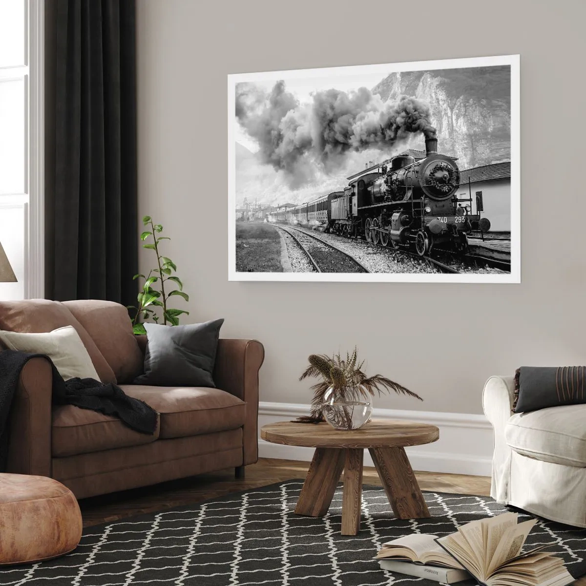 Póster - Una locomotora de vapor en blanco y negro contra un paisaje montañoso. - 100x70cm - Rumbo a la estación... - Decoración de pared moderna para salón y dormitorio ARTTOR