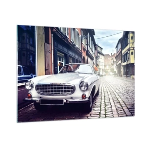 Cuadro sobre vidrio - Impresiones sobre Vidrio - Un coche clásico blanco con un fondo de edificios históricos. - 100x70cm - El pasado está aquí - Decoración de pared moderna para salón y dormitorio ARTTOR