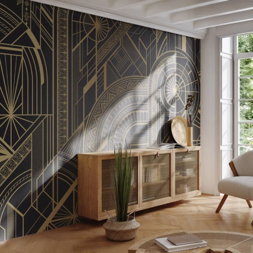 Fotomural Premium Sand - Patrones geométricos art déco en líneas doradas - 100x70cm - Conceptos, ideas, planes - Decoración de pared moderna para salón y dormitorio ARTTOR