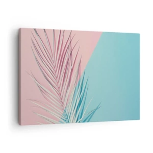 Cuadro sobre lienzo - Impresión de Imagen - Hoja tropical sobre un fondo de tonos pastel de rosa y azul. - 70x50cm - Impresión tropical - Decoración de pared moderna para salón y dormitorio ARTTOR