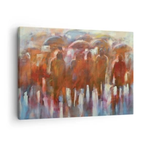 Cuadro sobre lienzo - Impresión de Imagen - Una multitud de personas con paraguas en un entorno artístico y lluvioso. - 70x50cm - Iguales entre la niebla - Decoración de pared moderna para salón y dormitorio ARTTOR
