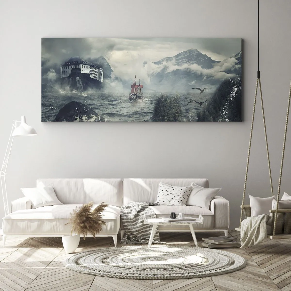 Cuadro sobre lienzo - Impresión de Imagen - Un paisaje misterioso con un castillo, montañas y un barco. - 120x50cm - En aguas mágicas - Decoración de pared moderna para salón y dormitorio ARTTOR