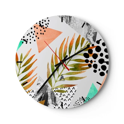 Reloj de pared - Reloj de vidrio - Geometría y hojas en estilo acuarela. - 30x30cm - Decoración con hojas de palmera - Decoración de pared moderna para salón, cocina y dormitorio ARTTOR