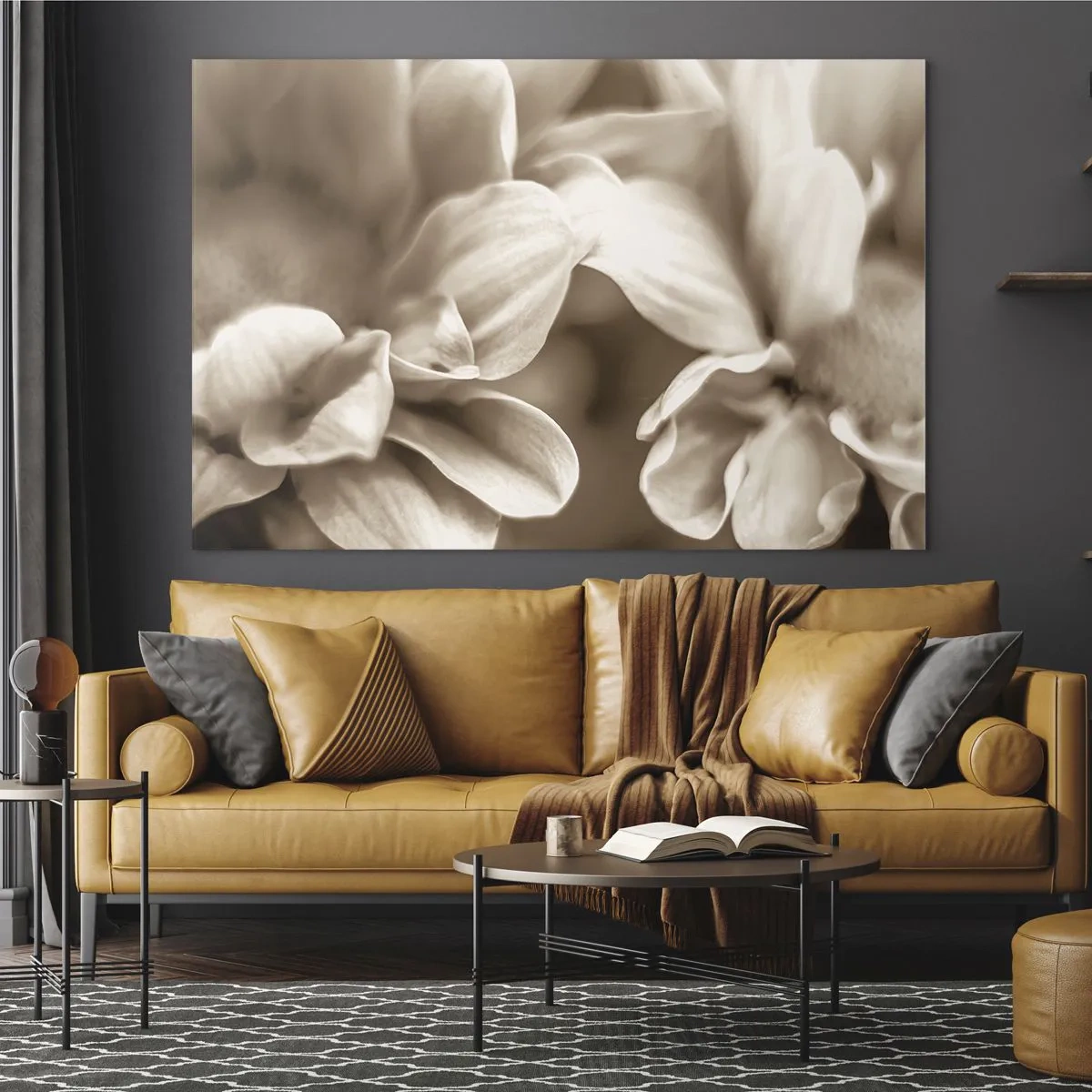 Cuadro sobre vidrio - Impresiones sobre Vidrio - Fotografía macro de pétalos de flores claras en sepia. - 70x50cm - Suave como una sonrisa - Decoración de pared moderna para salón y dormitorio ARTTOR