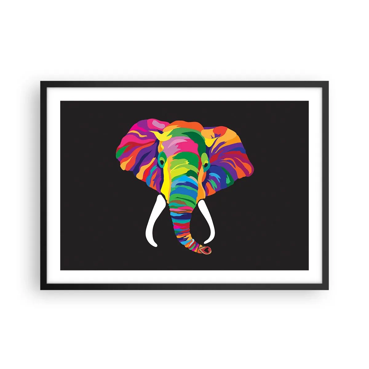 Póster en marco negro - Una imagen colorida de un elefante sobre un fondo negro. - 70x50cm - El elefante al que le gustaba bañarse en el arco iris - Decoración de pared moderna para salón y dormitorio ARTTOR