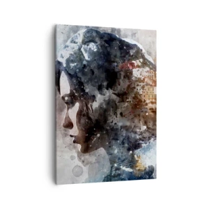 Cuadro sobre lienzo - Impresión de Imagen - Retrato de una mujer que combina su rostro con un paisaje urbano de fondo. - 50x70cm - Una historia sobre una niña con una ciudad de fondo - Decoración de pared moderna para salón y dormitorio ARTTOR