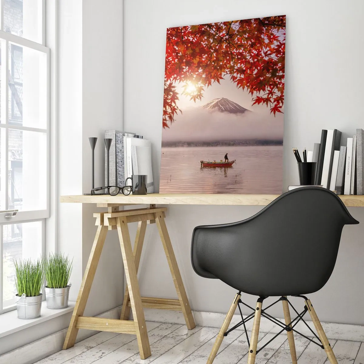 Cuadro sobre vidrio - Impresiones sobre Vidrio - Monte Fuji con un barco en un lago rodeado de hojas rojas - 50x70cm - Estilo japonés - Decoración de pared moderna para salón y dormitorio ARTTOR