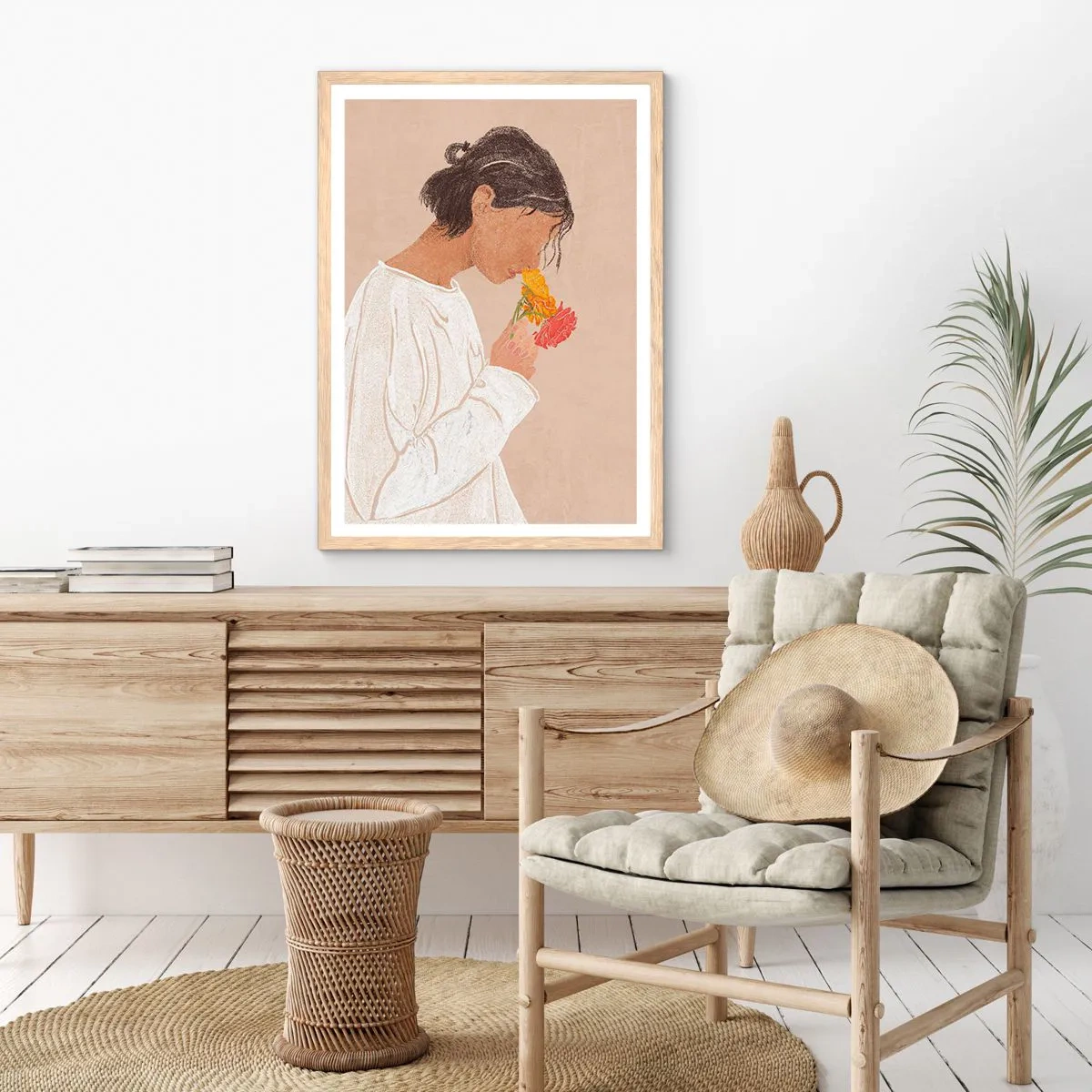 Póster en marco roble claro - Joven con flores - 70x100 cm