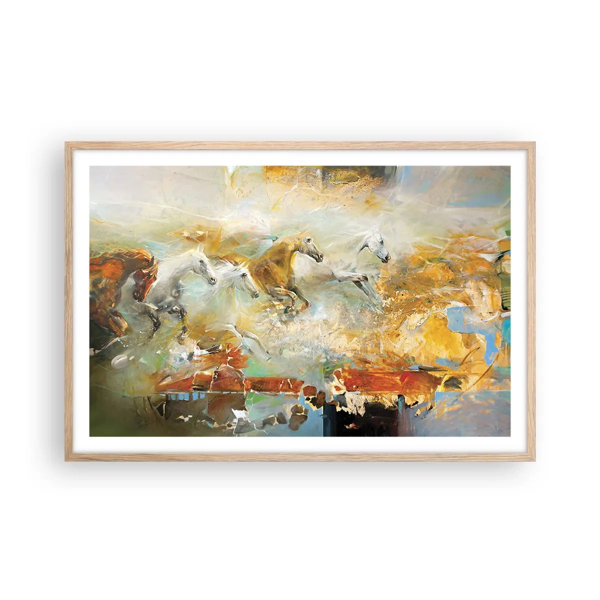 Póster en marco roble claro - Galopando a través de la luz - 91x61 cm