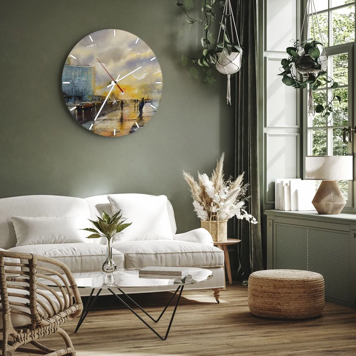 Reloj de pared - Reloj de vidrio - Un paseo por el paseo marítimo al atardecer - 30x30cm - Vida en la orilla - Decoración de pared moderna para salón, cocina y dormitorio ARTTOR