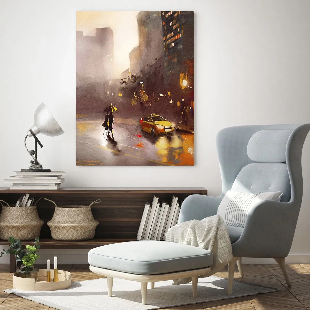Cuadro sobre vidrio - Impresiones sobre Vidrio - Ciudad de noche bajo la lluvia con taxis y la silueta de una pareja - 50x70cm - En las luces de Nueva York - Decoración de pared moderna para salón y dormitorio ARTTOR