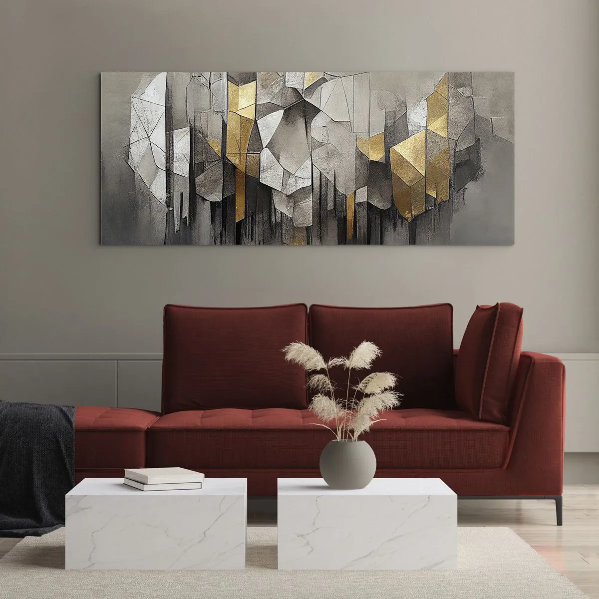 Cuadro sobre vidrio - Impresiones sobre Vidrio - Abstracción geométrica en tonos dorados y grises. - 140x50cm - Composición hecha de hielo y luz - Decoración de pared moderna para salón y dormitorio ARTTOR