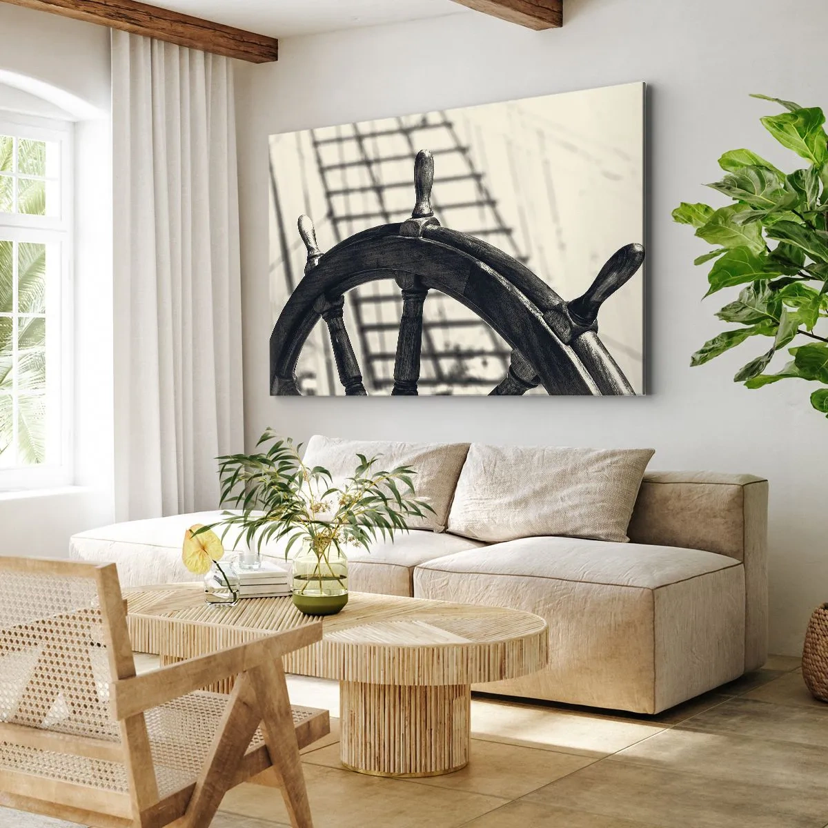 Cuadro sobre lienzo - Impresión de Imagen - Un timón de vela de estilo retro con un barco al fondo. - 70x50cm - Un cuento marino - Decoración de pared moderna para salón y dormitorio ARTTOR