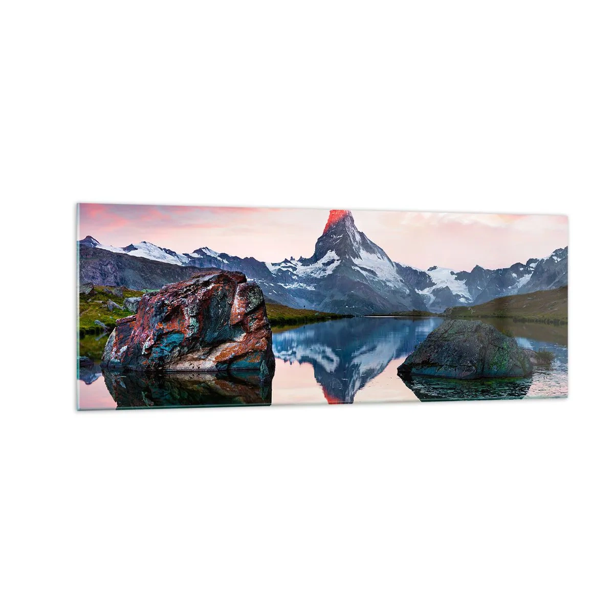 Cuadro sobre vidrio - Impresiones sobre Vidrio - Un pico de montaña reflejado en un lago al atardecer. - 140x50cm - El corazón de las montañas arde - Decoración de pared moderna para salón y dormitorio ARTTOR