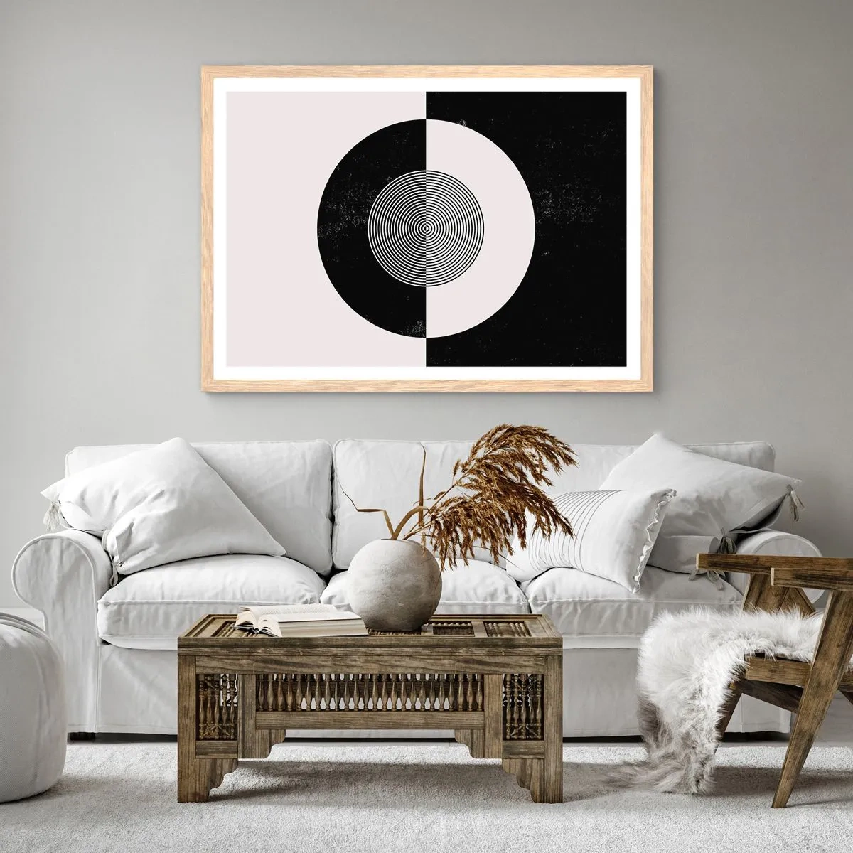Póster en marco roble claro - Armonía en blanco y negro - 50x40 cm