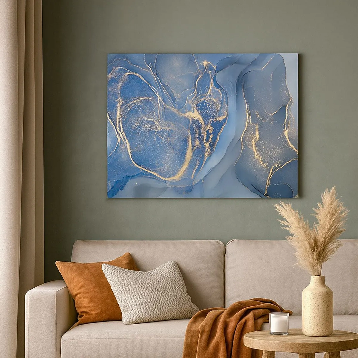 Cuadro sobre lienzo - Impresión de Imagen - Patrones abstractos azules con acentos dorados - 70x50cm - Polvo de oro - Decoración de pared moderna para salón y dormitorio ARTTOR