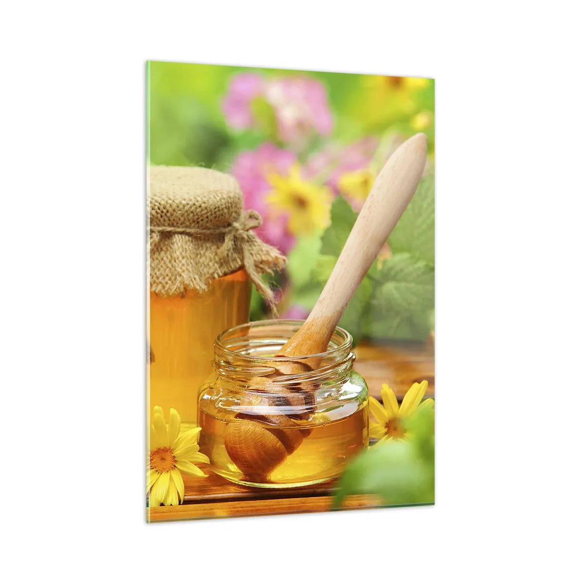 Cuadro sobre vidrio - Impresiones sobre Vidrio - Tarros de miel sobre un fondo de flores en el jardín. - 50x70cm - Dulce y floral - Decoración de pared moderna para salón y dormitorio ARTTOR