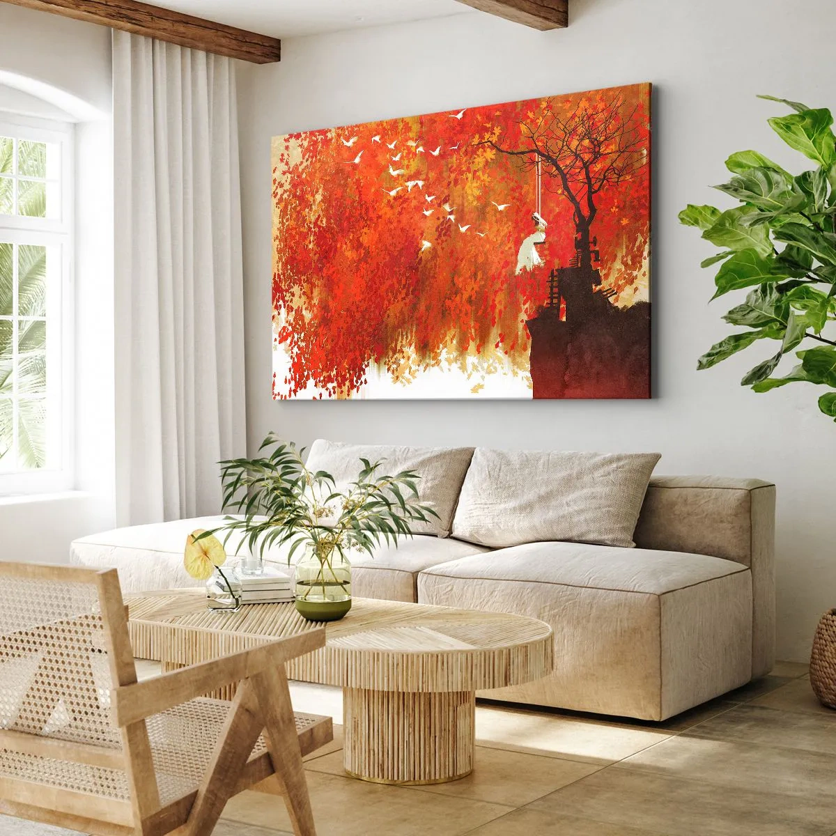 Cuadro sobre lienzo - Impresión de Imagen - Una figura en un columpio junto a un árbol rodeado de hojas rojas. - 120x80cm - ¿Volará con ellos? - Decoración de pared moderna para salón y dormitorio ARTTOR
