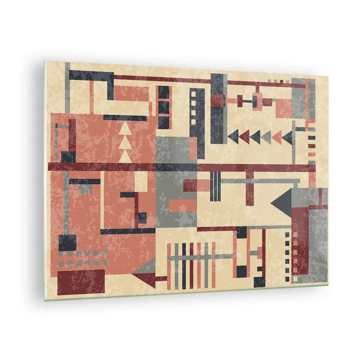 Cuadro sobre vidrio - Impresiones sobre Vidrio - Patrón geométrico abstracto en tonos beige y rojo. - 70x50cm - Una combinación de verticales y niveles - Decoración de pared moderna para salón y dormitorio ARTTOR