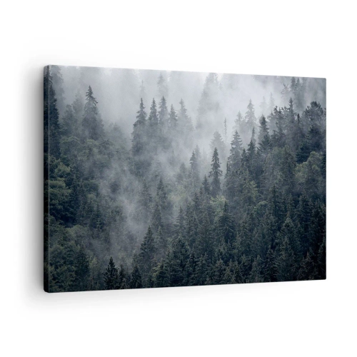Cuadro sobre lienzo - Impresión de Imagen - Bosque de coníferas brumoso en tonos grises y verdes. - 70x50cm - Amanecer en el bosque - Decoración de pared moderna para salón y dormitorio ARTTOR