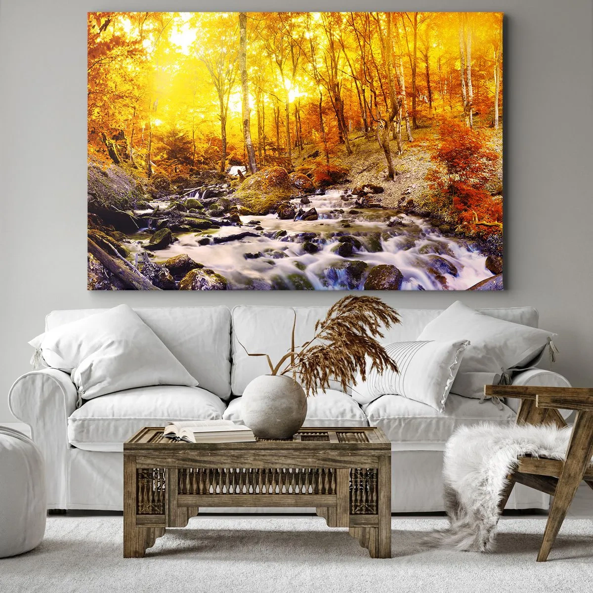 Cuadro sobre lienzo - Impresión de Imagen - Bosque otoñal con un arroyo entre hojas doradas - 70x50cm - Piedras bañadas en oro y platino - Decoración de pared moderna para salón y dormitorio ARTTOR