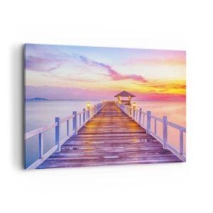 Cuadro sobre lienzo - Impresión de Imagen - Un muelle sobre el agua al atardecer en colores pastel. - 100x70cm - El silencio lila-dorado de la tarde - Decoración de pared moderna para salón y dormitorio ARTTOR