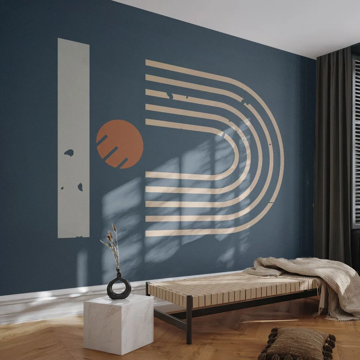 Fotomural Premium Sand - Patrón retro geométrico sobre un fondo azul oscuro - 100x70cm - Geometría sobre azul marino - Decoración de pared moderna para salón y dormitorio ARTTOR