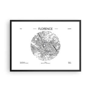 Póster en marco negro - Un mapa de Florencia en un estilo minimalista en blanco y negro. - 70x50cm - Anatomía de Florencia - Decoración de pared moderna para salón y dormitorio ARTTOR