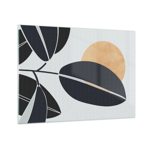 Cuadro sobre vidrio - Impresiones sobre Vidrio - Hojas estilizadas en negro con un sol naranja en el fondo. - 70x50cm - Un día de verano caluroso - Decoración de pared moderna para salón y dormitorio ARTTOR