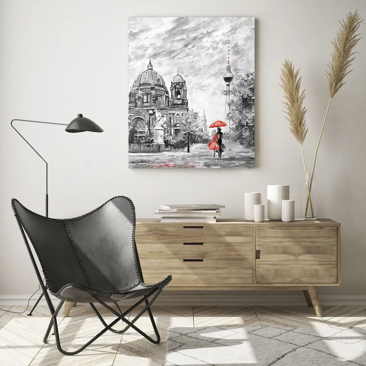 Cuadro sobre vidrio - Impresiones sobre Vidrio - Catedral de Berlín con acento rojo en tonos monocromáticos - 50x70cm - Reunión en Berlín - Decoración de pared moderna para salón y dormitorio ARTTOR