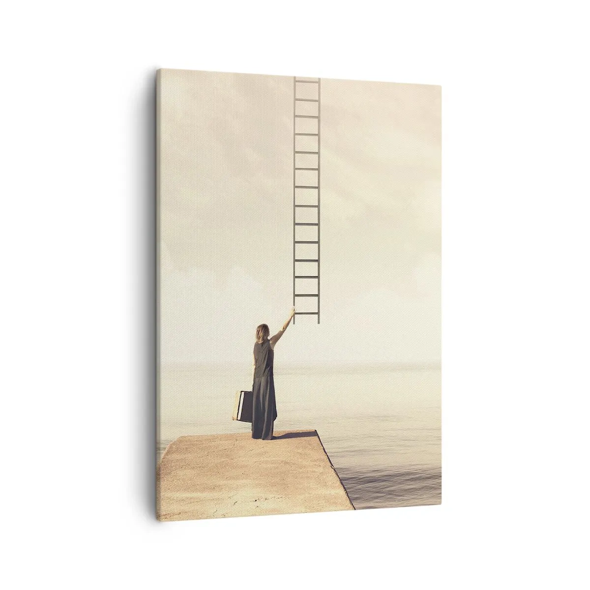 Cuadro sobre lienzo - Impresión de Imagen - Una mujer parada en un muelle con una escalera que conduce al cielo. - 50x70cm - Un viaje mágico - Decoración de pared moderna para salón y dormitorio ARTTOR