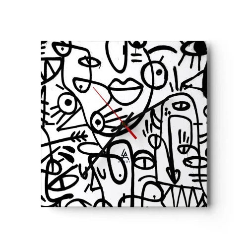 Reloj de pared - Reloj de vidrio - Dibujos abstractos en blanco y negro con motivos faciales. - 30x30cm - Rostros y espejismos - Decoración de pared moderna para salón y dormitorio ARTTOR