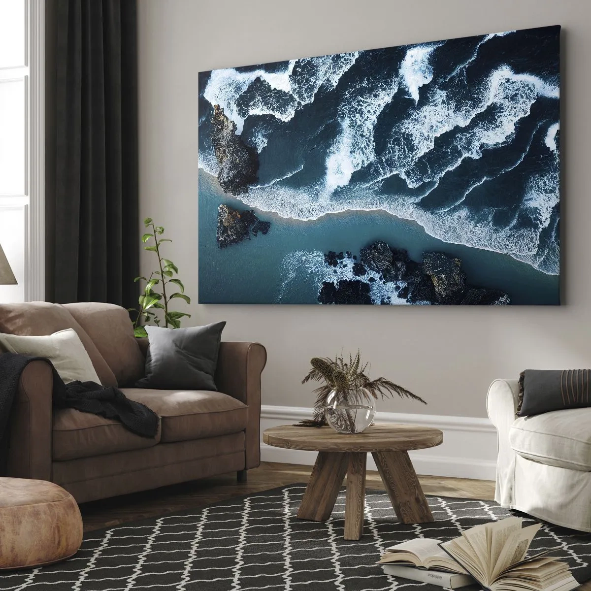 Cuadro sobre lienzo - Impresión de Imagen - Vista aérea de las olas rompiendo en la orilla - 100x70cm - Rodeadas por las olas - Decoración de pared moderna para salón y dormitorio ARTTOR