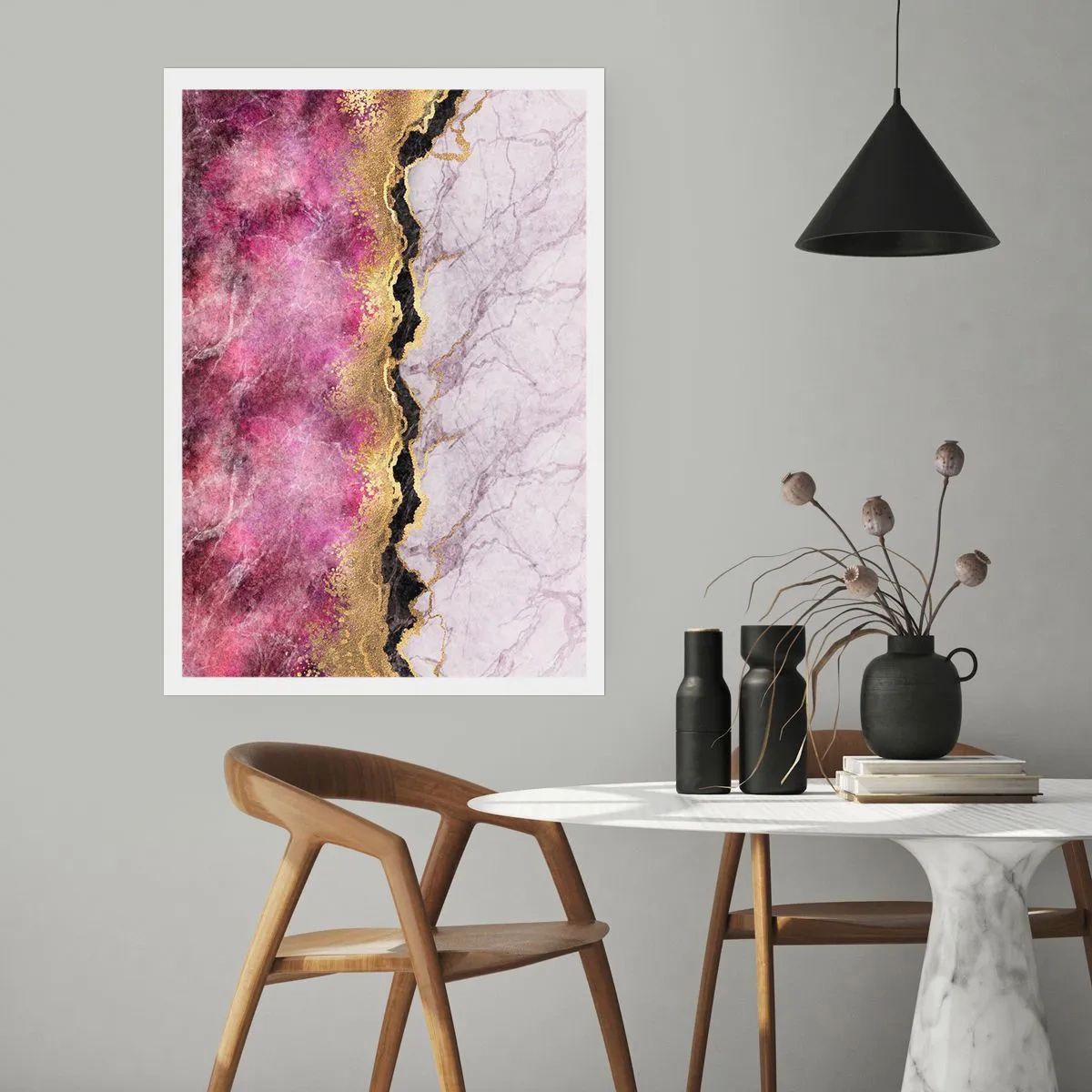 Póster - Abstracción con patrón de mármol y acentos dorados. - 50x70cm - En la frontera - Decoración de pared moderna para salón y dormitorio ARTTOR