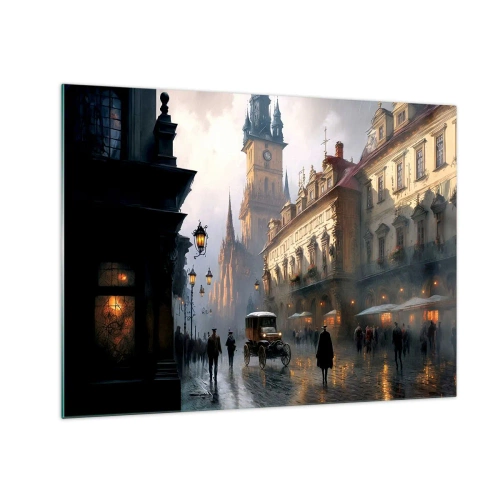 Cuadro sobre vidrio - Impresiones sobre Vidrio - Una calle histórica iluminada por faroles al anochecer - 70x50cm - La magia de una noche de Praga - Decoración de pared moderna para salón y dormitorio ARTTOR