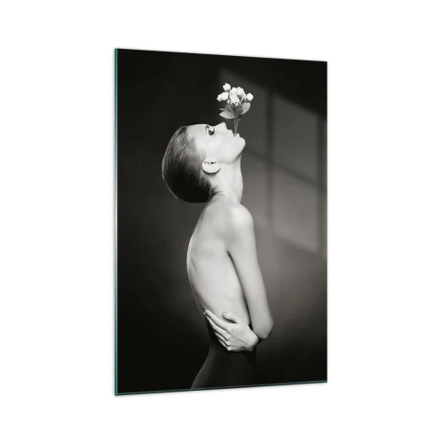 Cuadro sobre vidrio - Impresiones sobre Vidrio - Silueta en blanco y negro de una mujer con una flor. - 70x100cm - Elegancia excéntrica - Decoración de pared moderna para salón y dormitorio ARTTOR