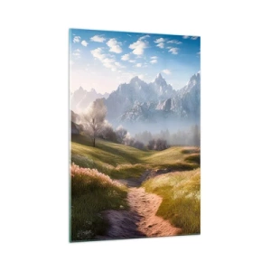 Cuadro sobre vidrio - Impresiones sobre Vidrio - Un valle de montaña con prados, cabañas y vistas a los picos. - 70x100cm - Valle idílico - Decoración de pared moderna para salón y dormitorio ARTTOR