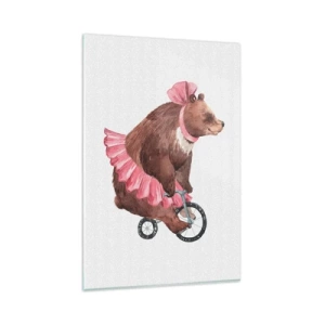 Cuadro sobre vidrio - Impresiones sobre Vidrio - Un osito de peluche con una falda rosa en una bicicleta de estilo retro. - 80x120cm - ¡Qué circo! - Decoración de pared moderna para salón y dormitorio ARTTOR