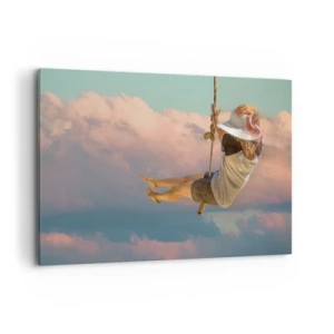 Cuadro sobre lienzo - Impresión de Imagen - Mujer en un columpio entre nubes rosas - 120x80cm - Jugando en las nubes - Decoración de pared moderna para salón y dormitorio ARTTOR