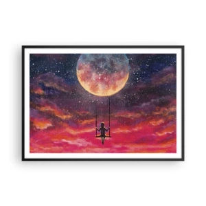 Póster en marco negro - Una figura en un columpio suspendido contra la luna. - 100x70cm - Disfrutar de las nubes - Decoración de pared moderna para salón y dormitorio ARTTOR