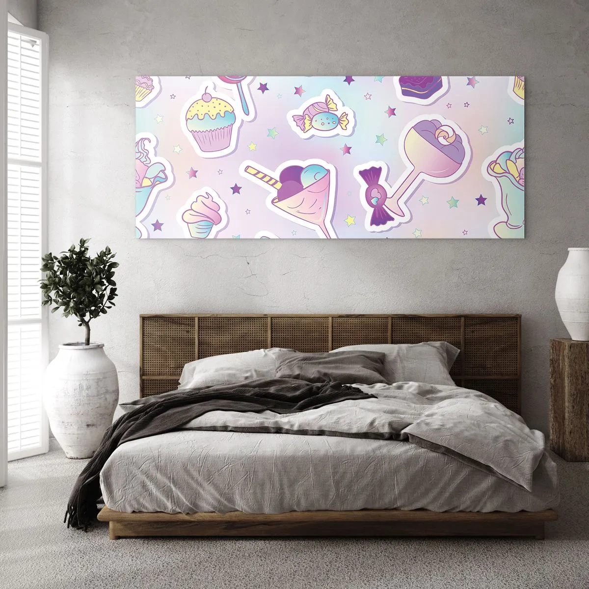 Cuadro sobre vidrio - Impresiones sobre Vidrio - Patrones pastel con dulces y postres. - 140x50cm - Cumplir años todos los días - Decoración de pared moderna para salón y dormitorio ARTTOR